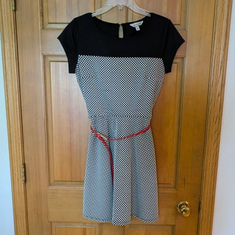 Speechless A-Line Colorblock Polka Dot Dress with Red Belt - Size L